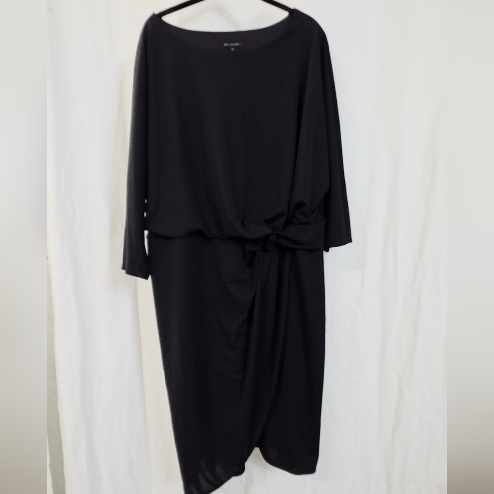 H Halston 2X 18/20 Black Midi Sheath Dress Dolmam 3/4 Sleeve Wrap Boat Neck